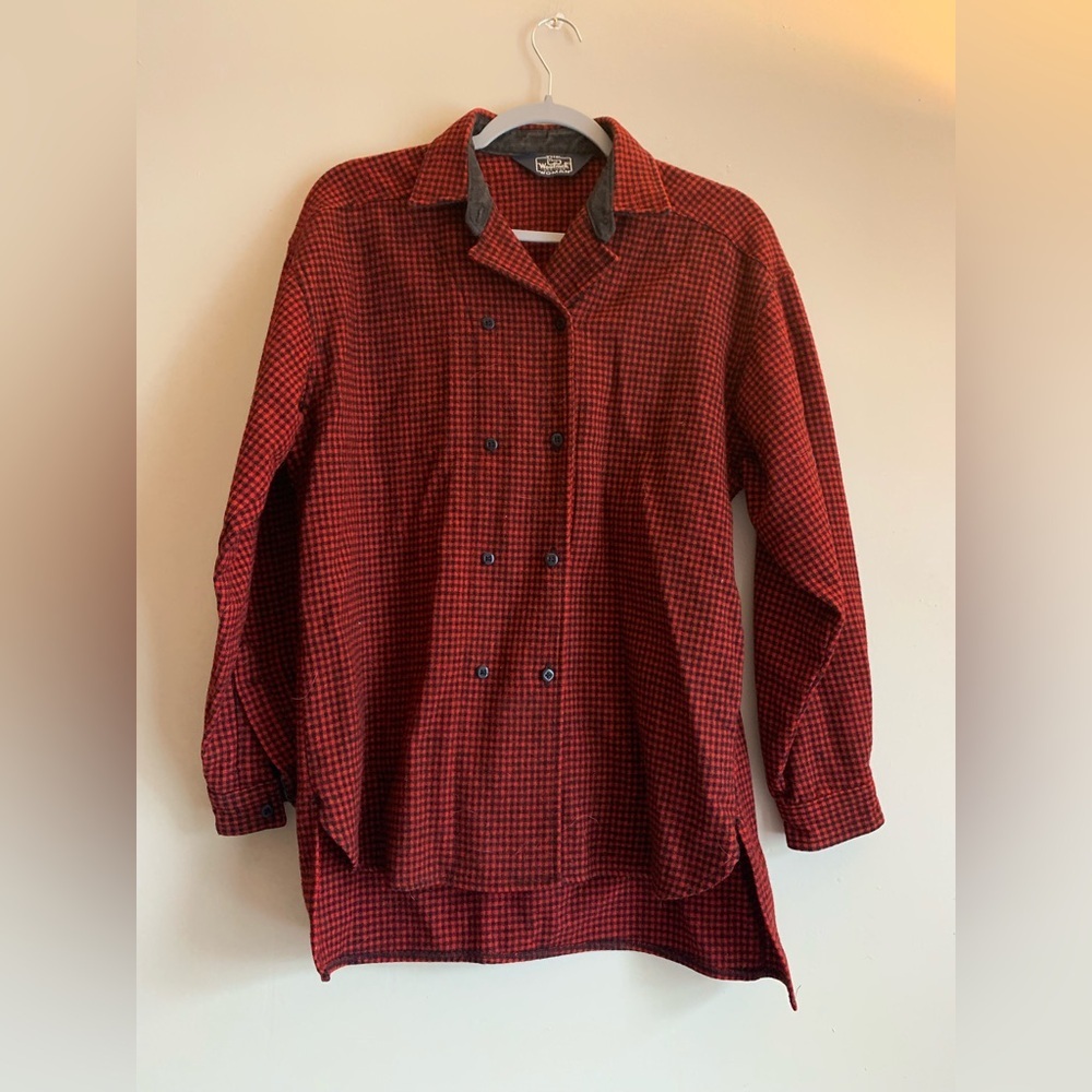 Woolrich Vintage Wool Top Light Jacket Red Black Plaid Shirt Buttons Size 10 Med